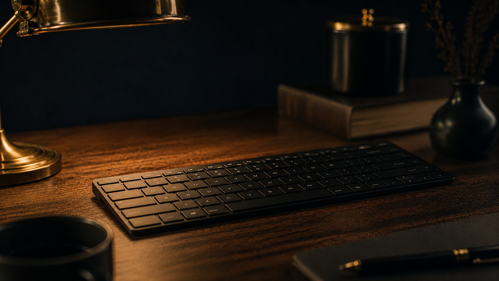 真鍮色の光に照らされた黒い薄型ロープロファイルのワイヤレスキーボード