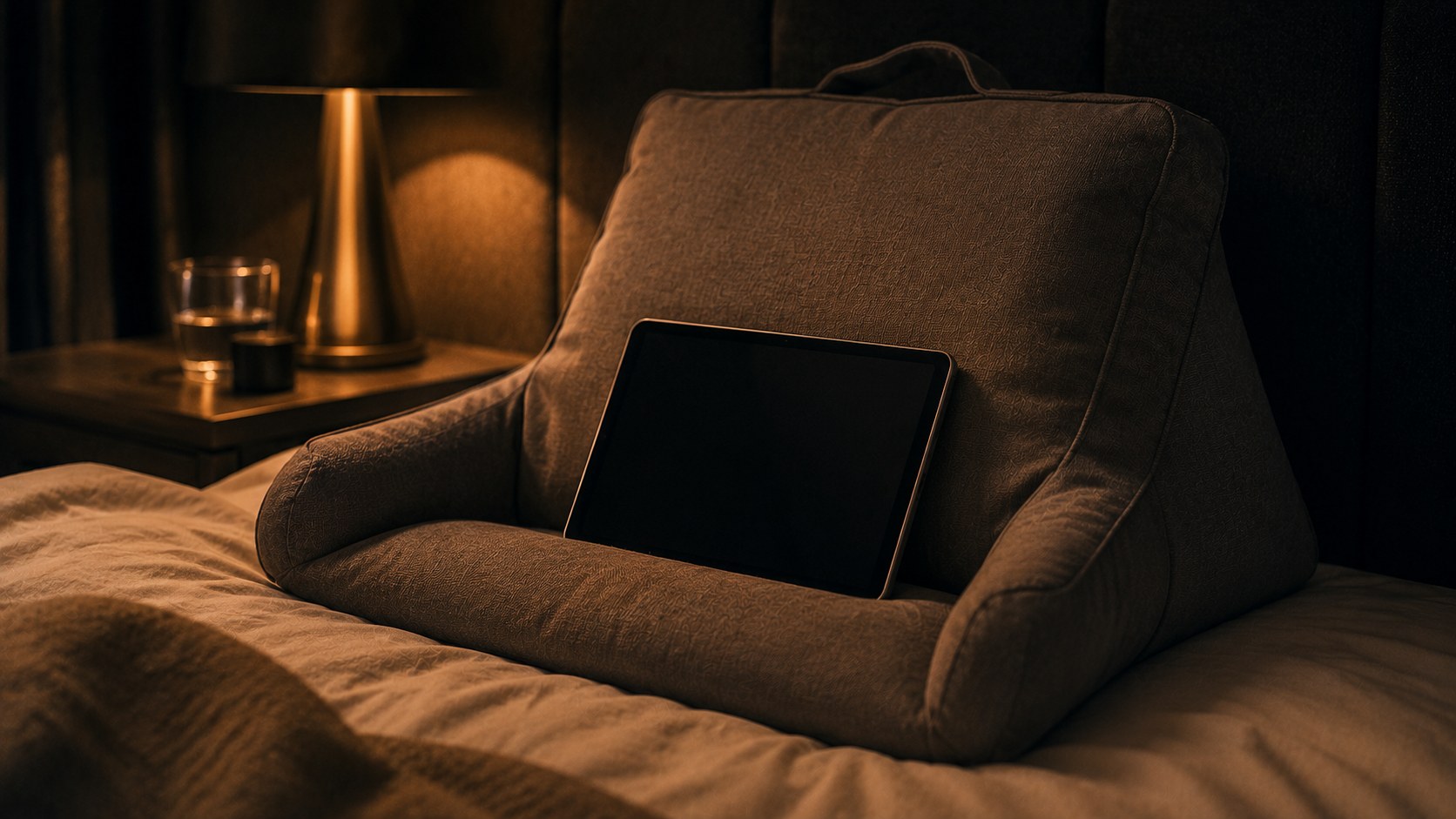 ベッドの三角クッションとタブレット