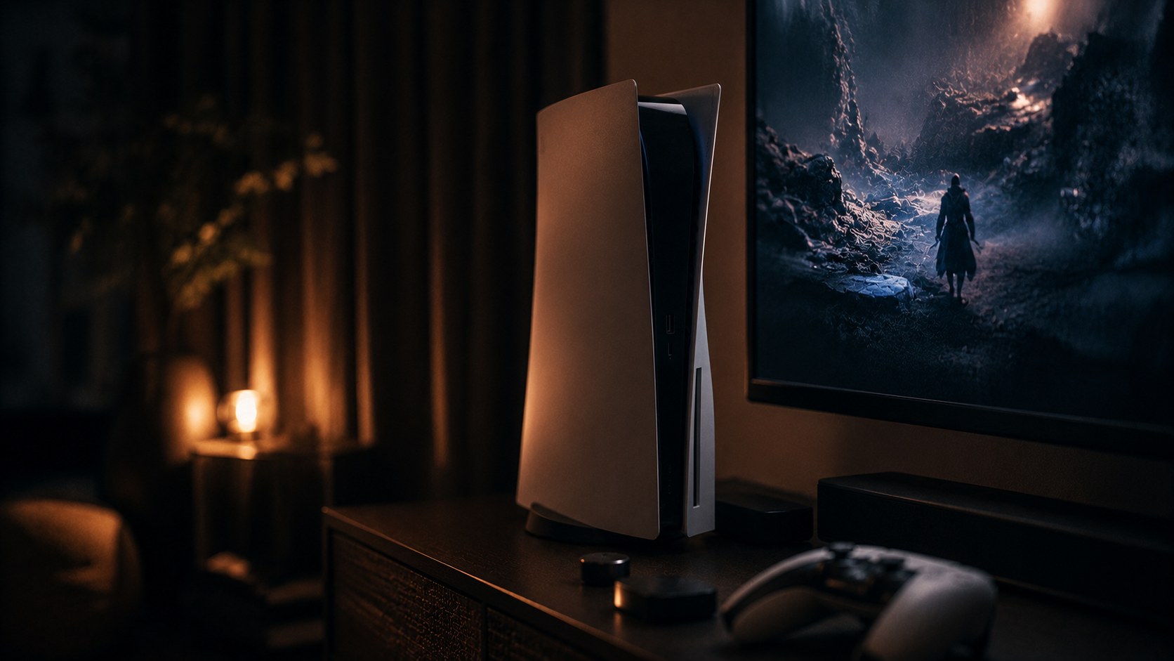 白い曲面のゲーム機とテレビボード
